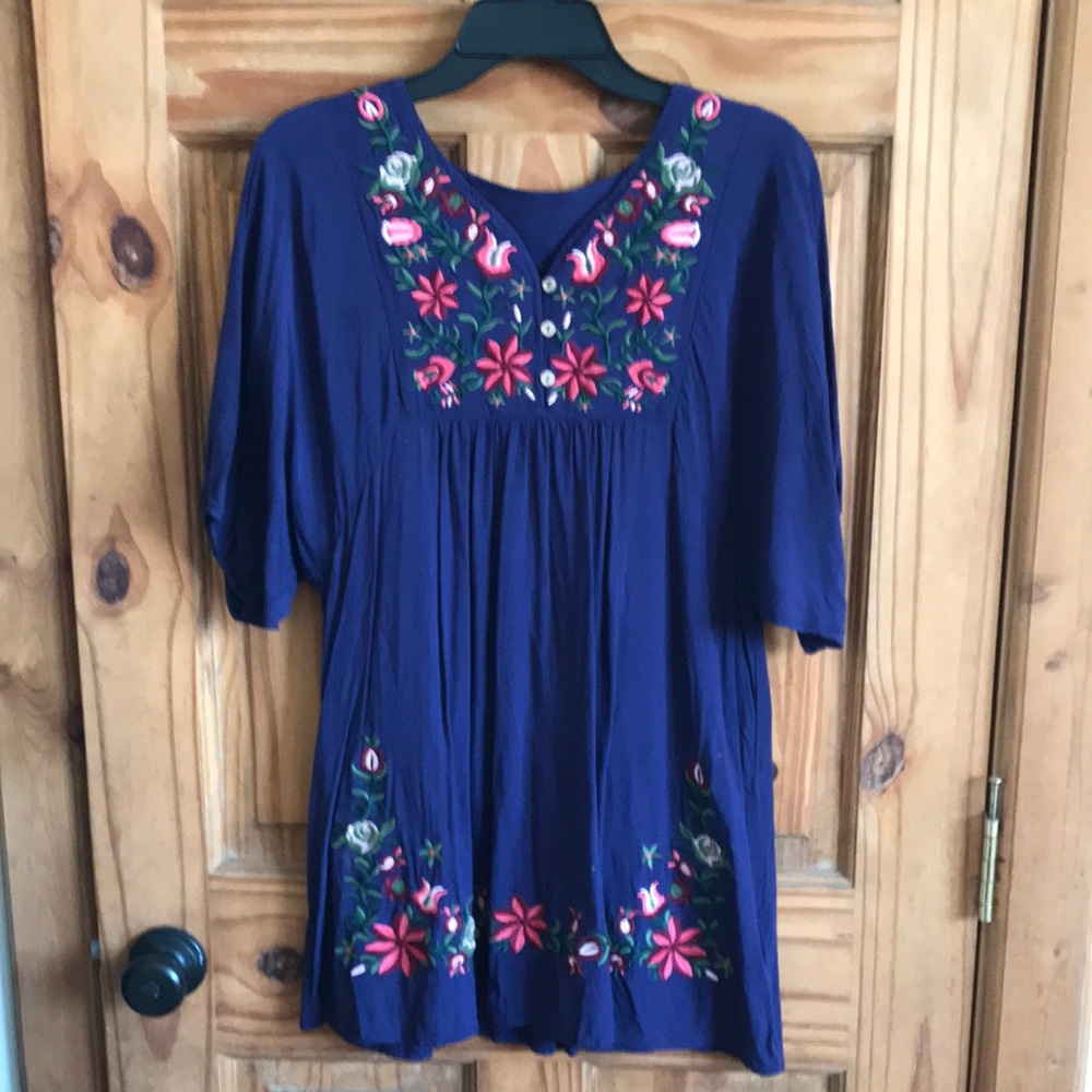 BOGO! Embroidered Navy Blue Women's Top medium half sleeve